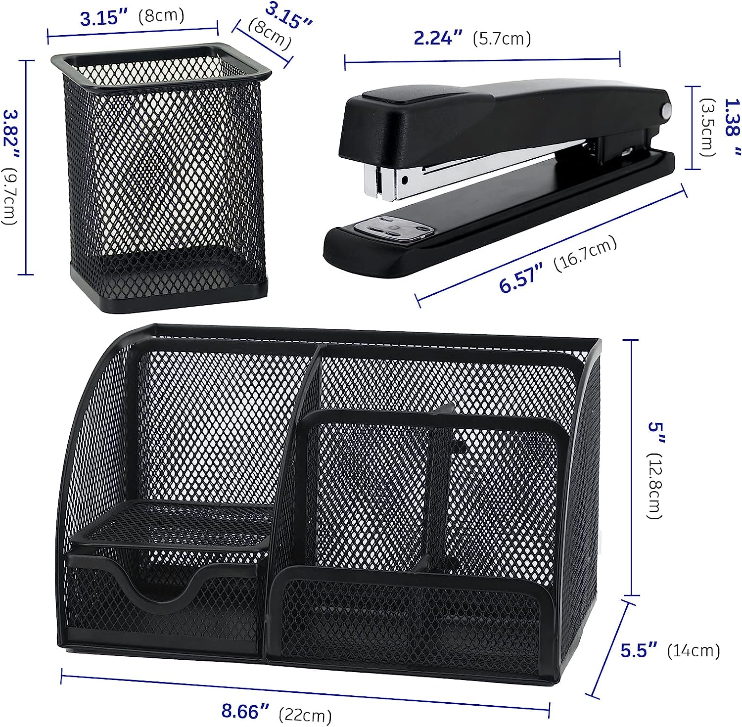Neudeco Desk Organizers and Accessories, Office Supplies Mesh Desk Organizer Caddy with Drawer 6 Compartments + Pen Holder / 72 Paper Clips Binder Clips Set, Black Desktop Organizer for Home Office - Image 5